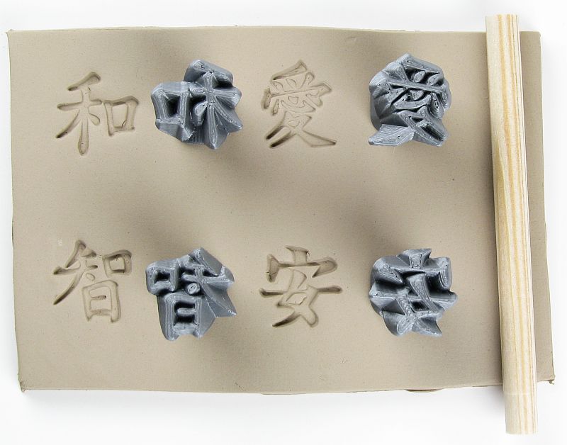 Kanji: Harmony, Love, Wisdom, Tranquility, Clay stamps